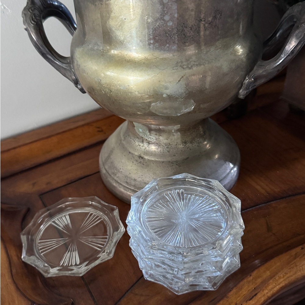Vintage Barware Coaster Set Reims French Crystal Sunburst Cottagecore